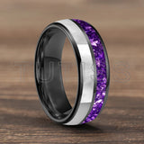 Purple Crystal Stone and White Seashell Inlay 6/8mm Gold Tungsten Carbide Rings