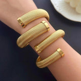 Trendy Wide Chunky Women Stainless Steel Cuff Bangles, Attractive Spiral Texture PVD Gold Plated Daily Wear Bracelet - The Jewellery Supermarket