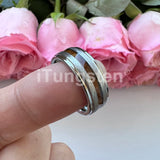 Different Wods Inlay Stepped Unique Brushed Finish Tungsten Wedding Rings