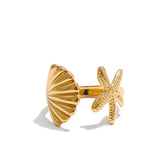 18K Gold Plated Ocean Style Stainless Steel Metal Shell Starfish Adjustable Summer Charm Ring
