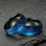 Black Blue Hammered 8mm Tungsten Carbide Wedding Engagement Rings