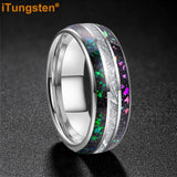 Rainbow Opal and Bright Meteorite Inlay 8mm Tungsten Carbide Men’s Women’s Ring