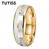Dome Double Groove Inlaid With White Opal Stone Mother Of Pearl Shell Tungsten Rings