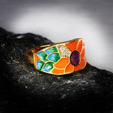 Exquisite Handmade Enamel 18KGP Sunflower Orange Zircon 925 Silver Ring