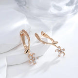 Elegant Fashion Rolled 14K Rose Gold AAA Cubic Zirconia Flower Crystals Long Drop Earrings - Fine Jewellery