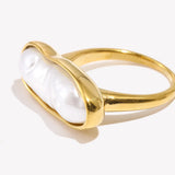 18K Gold Plated Stainless Steel Baroque Long Strip Faux Pearl Ring