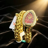 Luxury Lab Diamond Inlaid Gold Snake Braided Bangle Bracelet Ladies Watch