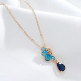 Luxury Vintage Style 14K Rolled Rose Gold Blue AAA Zircon Crystals Flower Necklace - Fine Jewellery