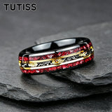 Unique Red Garnet & Meteorite Gold Foil Inlaid With Two-tone Tungsten Wedding Rings