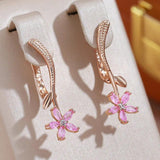 Superb Frosted Texture Pink 14K Rolled Rose Gold AAA Zircon Flower Dangle Earrings for Women - Fashion Jewellery