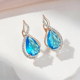 Luxury Flash Blue Drop 14K Rolled Rose Gold AAA Zircon Crystal Micro Wax Setting Earrings - Daily Fine Jewellery