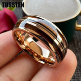 Real Wood Inlay 8MM Rose Gold Colour Guitar String Tungsten Wedding Ring for Men and Women - Fashion Jewellery