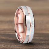 Dome Double Groove Inlaid With White Opal Stone Mother Of Pearl Shell Tungsten Rings