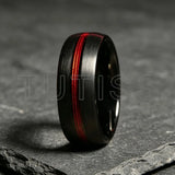 Black Dome Brushed Middle Groove Embedded With Red Fishing Line 6mm 8mm Tungsten Ring