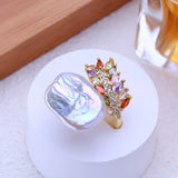 Big Baroque Natural Freshwater Pearl AAA Zircon Crystals Gold Colour Rings