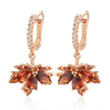 14 Karat Gold Filled Original Design Shiny Red AAA Zircon Crsytals Maple Leaf Earrings