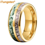 Polished Bevel Edges Deer Antler And Moss Agate Inlay 6/8mm Tungsten Carbide Rings
