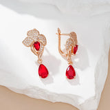 14 Karat Rolled Gold Luxury Red AAA Zircon Diamonds Dangle Retro Drop Shape Earrings