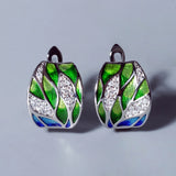 Handmade Enamel Green Bamboo Leaves AAA Zircon Diamonds Silver Earrings