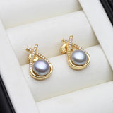 Cross-Over Design Multicolour Real Pearl AAA Zircon Diamonds Stud Earrings
