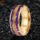 Purple Crystal Stone and Guitar String Inlay 8mm Tungsten Carbide Rings Men Women