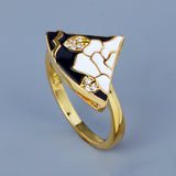 Classic Scalloped Fashion Flower Shape Handmade Enamel Black White Epoxy Ring