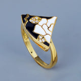 Classic Scalloped Fashion Flower Shape Handmade Enamel Black White Epoxy Ring