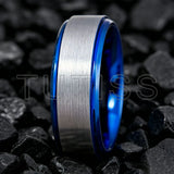 Matte Silver Brushed Center Shiny Blue Beveled Edges Two Tone 6/8mm Tungsten Rings