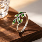 Fashion 925 Sterling Silver Green Leaf Shape Open Vintage Handmade Ring