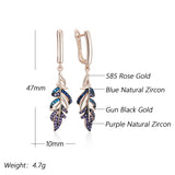 14 Karat Rolled Gold Purple With Blue AAA Zircon Crystals Leaf Drop Earrings