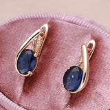 14K Rolled Gold Oval Blue AAA Zircon Crystals Geometric Vintage Simple Elegant Earrings