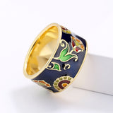 Vintage Elegant Black and Green Floral Handmade Enamel Silver 18KGP Ring