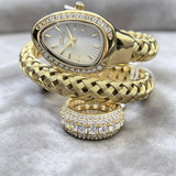 Luxury Lab Diamond Inlaid Gold Snake Braided Bangle Bracelet Ladies Watch