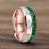 Dome Double Groove Inlaid With Green Crystal Stone Mother Of Pearl Shell Tungsten Rings