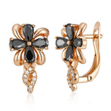 Luxury Black 14K Rolled Rose Gold AAA Zircon Crystals Drop Earrings - Vintage Style Crystal Flower Jewellery