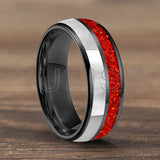 Dome Double Groove Inlaid With Red opal And Mother Of Pearl Shell 6/8mm Tungsten Rings