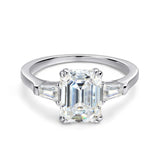 Gorgeous 3 Stone 1-4ct Emerald Cut VVS1 D Colour Moissanite Diamonds Silver Ring