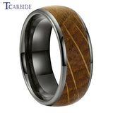 Whiskey Barrel Oak Wood Inlay Domed Polished Tungsten Engagement Wedding Rings