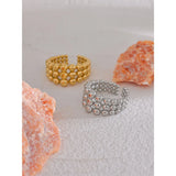 18K Gold Plated Stainless Steel Round Beads Layered Wide Trendy Fashion Ring
