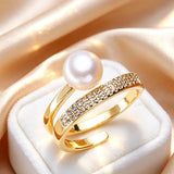 Elegant Bypass-Style Silhouette Real Pearl AAA Zircon Diamonds Gold Colour Ring