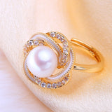 Elegant Swirl Design White Pink Black Real Pearl AAA Zircon Diamonds 18KGP Rings