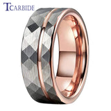 Multi-Faceted Brushed Offset Grooved  Hammer Finish 8MM Tungsten Wedding Rings