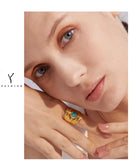 18K Gold Plated Vintage Red Blue Natural Stone Stainless Steel Open Fashion Ring