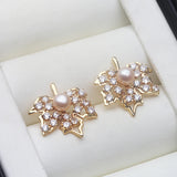 Maple Leaf Design Real Pink/Purple/White Pearl AAA Zircon Diamonds Silver Earrings