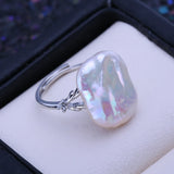 Flat-Sided Irregular Big Button Baroque Pearl Silver Colour Adjustable Rings