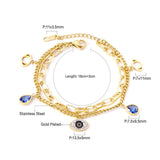 Blue Evil Eye CZ Charm Bracelets - Gold Colour Stainless Steel Drop Water Double Layer Cuban Link Jewellery - The Jewellery Supermarket