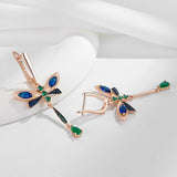 Dragonfly Design 14K Rolled Gold Blue AAA Zircon Crystals Dangle Vintage Earrings