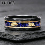 New 8mm Black Hammered Inlay Blue Glass Stone Gold Foil Tungsten Carbide Rings