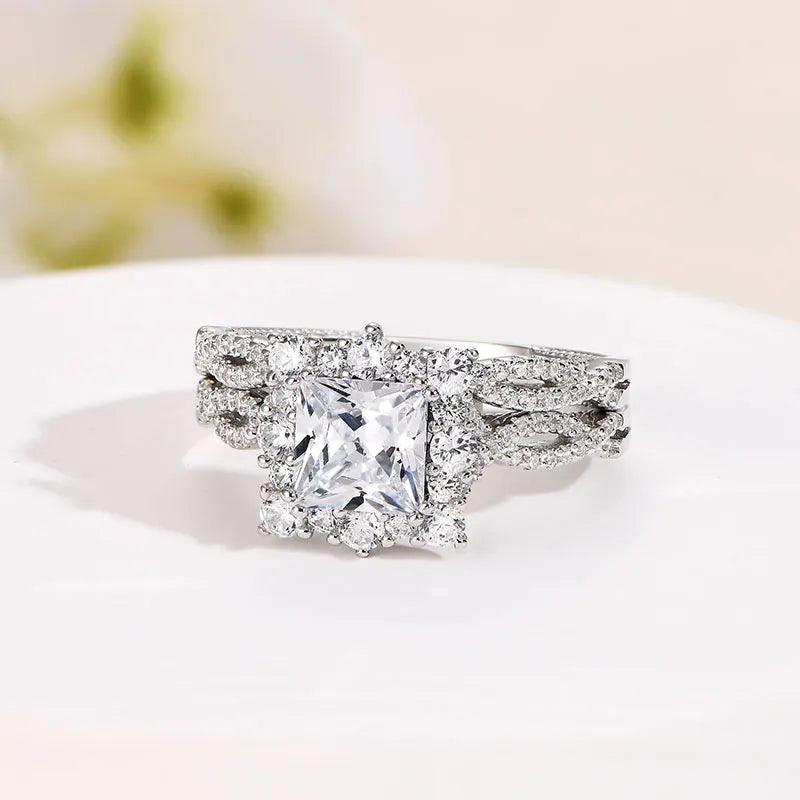 Elegant Halo Princess Cut AAAAA Quality High Carbon Lab Created Diamonds Ring Sets - Wedding Engagement Jewellery - The Jewellery Supermarket