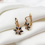 Quality 14K Rolled Rose Gold Black White AAA Zircon Crystals Flower Dangle Earrings - Unique Geometric Jewellery